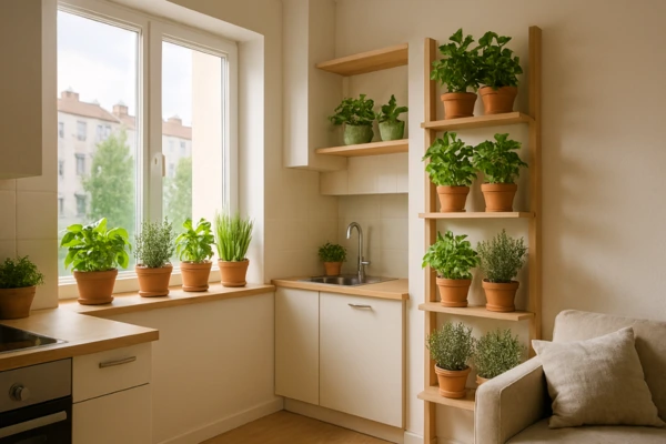 Ervas aromáticas em um apartamento pequeno.